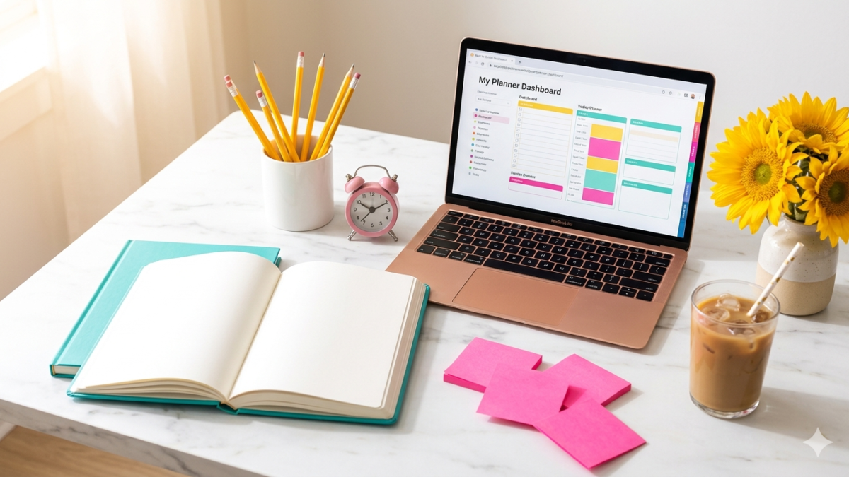 Bright back to school desk flatlay with laptop and planner — back to school digital products to sell on Etsy
