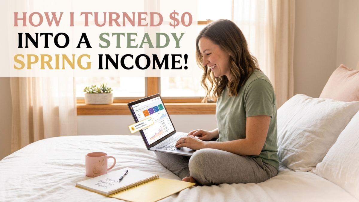 Woman seeing spring digital product sales on laptop — new revenue stream digital products this spring