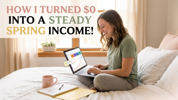 Woman seeing spring digital product sales on laptop — new revenue stream digital products this spring