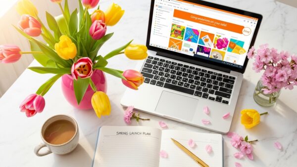Spring desk flatlay with Etsy sale notification — spring clean your income with digital products