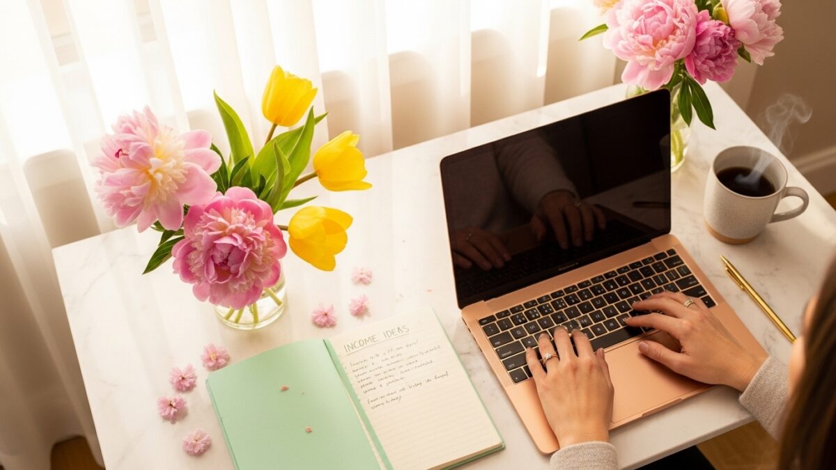 Woman at spring desk with flowers and laptop — fresh Etsy shop ideas for spring digital products