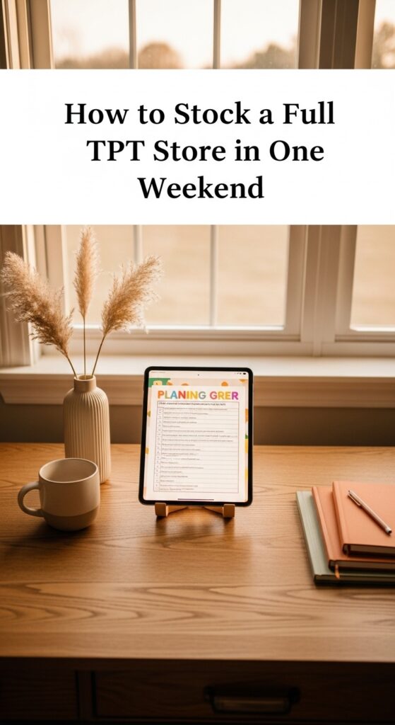 Pinterest marketing strategy for teachers selling digital products on TPT, flat lay with laptop and planner