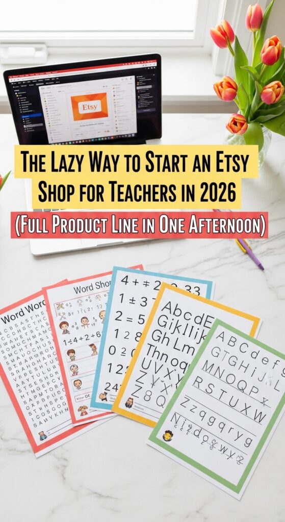 Woman creating Pinterest pins for math worksheets passive income side hustle from home