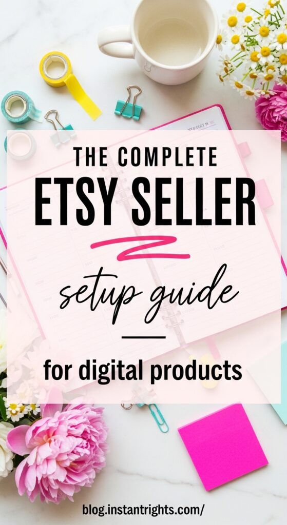 Bold scroll-stopping Pinterest pin. Deep charcoal (#1E1E1E) background. At the top in clean white handwriting/script font: "step-by-step". Below in massive ultra-bold hot pink (#FF6B9D) all-caps sans-serif, taking up full width: "HOW TO". Below in equally massive bold white all-caps sans-serif: "SELL". Below in the same huge bold white: "DIGITAL". Below in the same huge hot pink: "PRODUCTS". Below in medium bold white: "on Etsy — the right way ✨". Bottom third: a charming flat-design illustrated woman in a bright pink outfit sitting at a laptop, pink botanical leaf branches on both sides framing her, rosy cheeks, a small smile. Very bottom in small white text: "blog.instantrights.com/". The typography fills 65% of the canvas — it IS the design. Feels like a viral Pinterest tutorial pin in the make-money space.