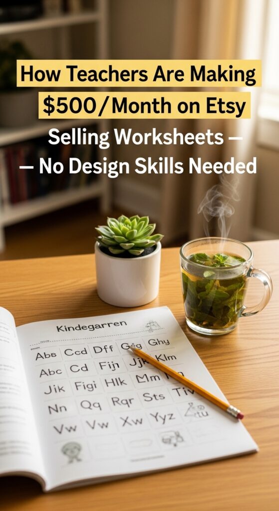 Printable kindergarten alphabet worksheet on a cozy teacher home desk with