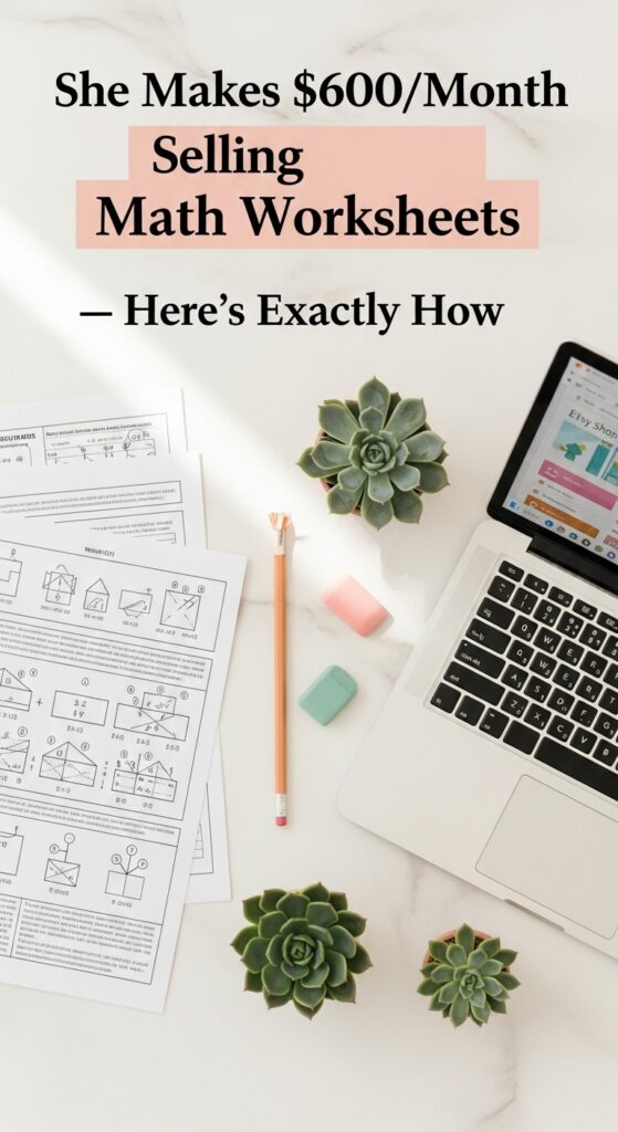 Flat lay of math worksheets and laptop showing Etsy shop for selling digital products from home Placement: After this section