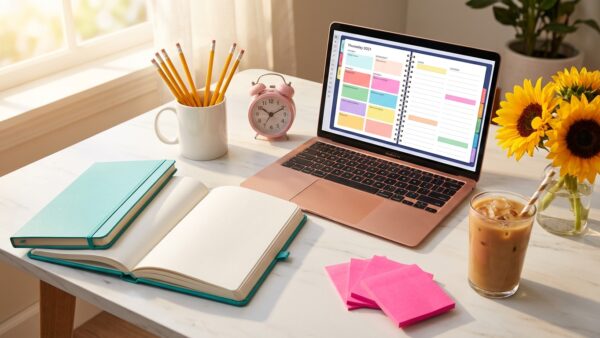 Bright back to school desk flatlay with laptop and planner — back to school digital products to sell on Etsy