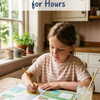 child working on colorful printable activity worksheet at sunny kitchen table