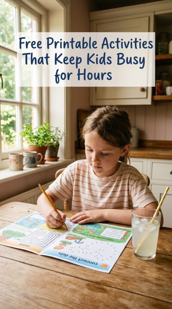 child working on colorful printable activity worksheet at sunny kitchen table