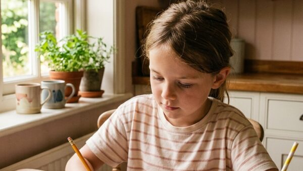 child working on colorful printable activity worksheet at sunny kitchen table