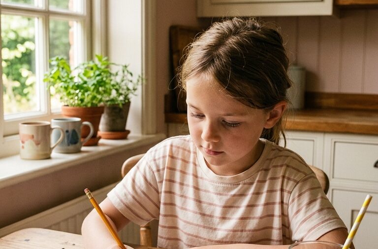child working on colorful printable activity worksheet at sunny kitchen table