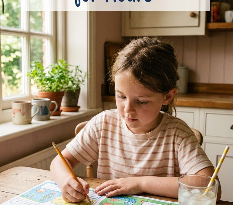 child working on colorful printable activity worksheet at sunny kitchen table