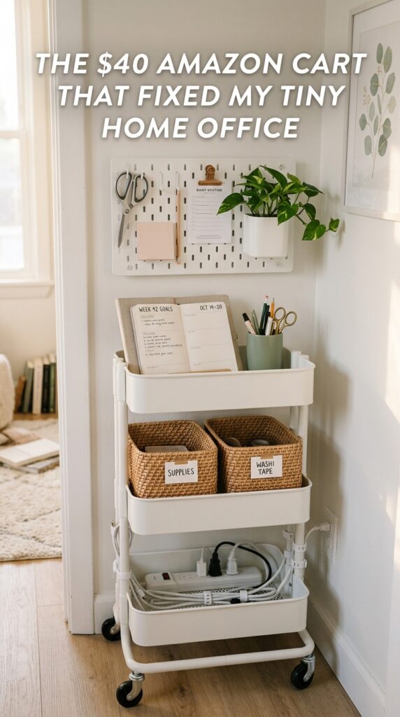 Small home office rolling cart organization ideas with pegboard and labeled wicker baskets