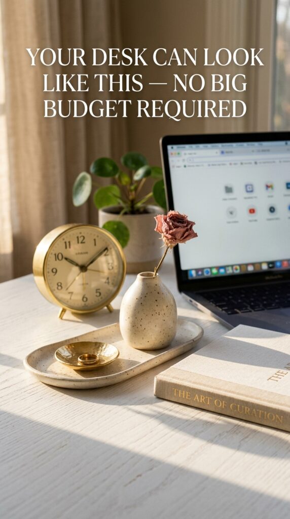 Aesthetic home office desk styling close-up with gold clock ceramic tray dried rose and linen book