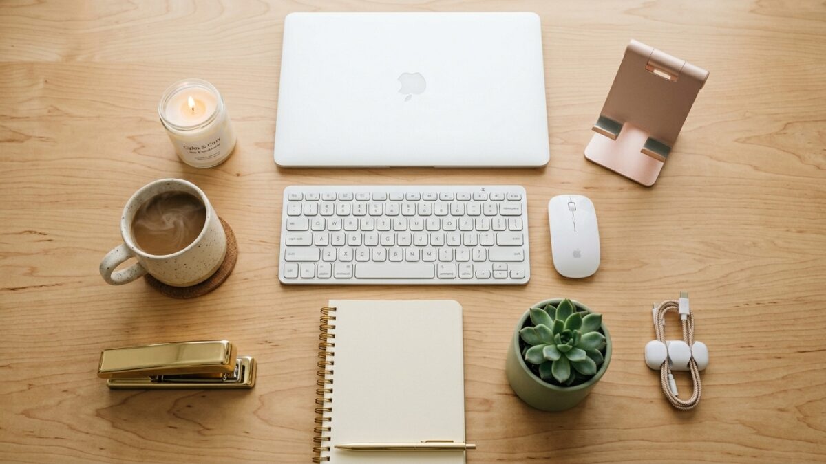 Work from home aesthetic flat lay with laptop keyboard candle plant and rose gold accessories
