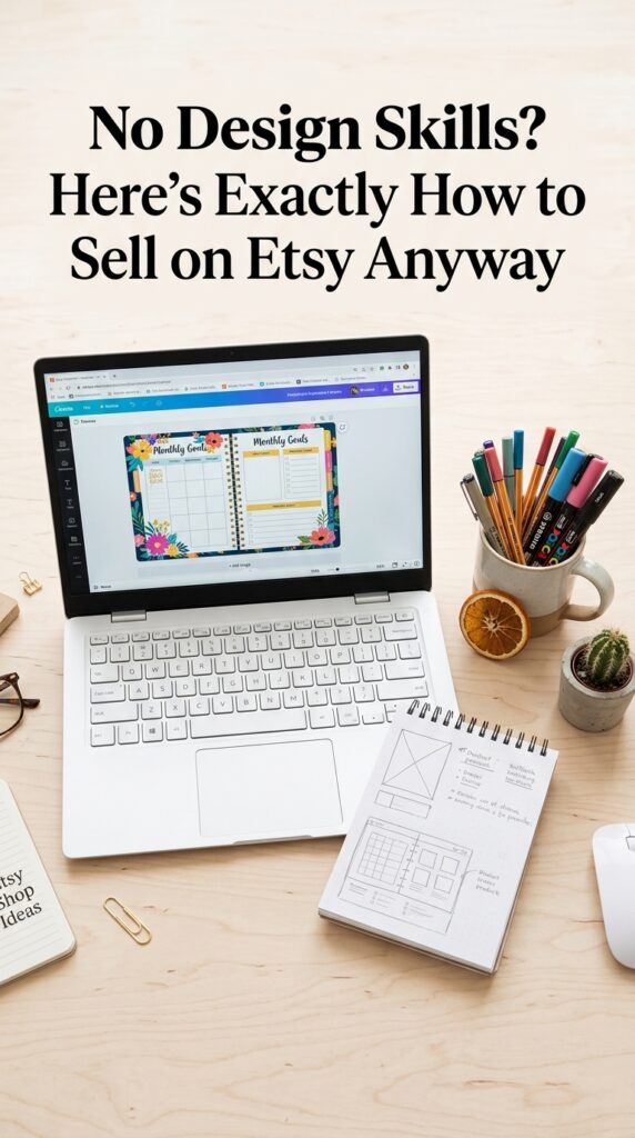 Laptop showing digital product design with sketchbook and pens for Etsy seller creation process