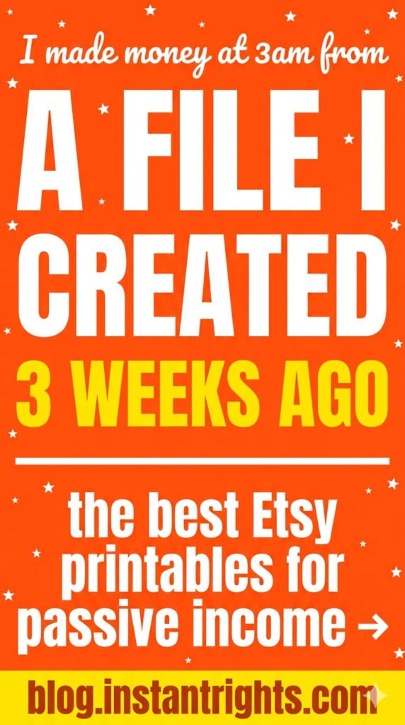 Orange Pinterest pin — I made money at 3am from a file I created 3 weeks ago best Etsy printables for passive income