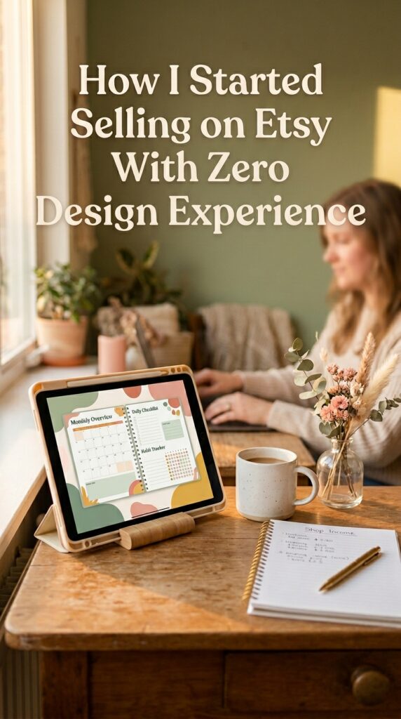 iPad showing digital planner product design on Etsy seller desk with income notebook and bud vase