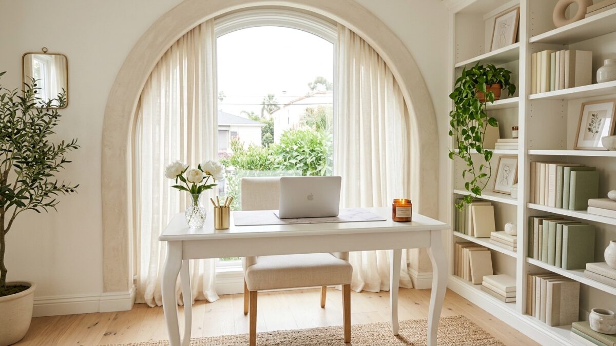 Aesthetic home office for women with white curved desk white peonies arched window and bookshelf 📣 Overlay Headline: “Your Desk Can Look Like This — No Big Budget Required”