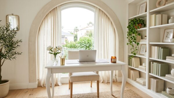 Aesthetic home office for women with white curved desk white peonies arched window and bookshelf 📣 Overlay Headline: “Your Desk Can Look Like This — No Big Budget Required”