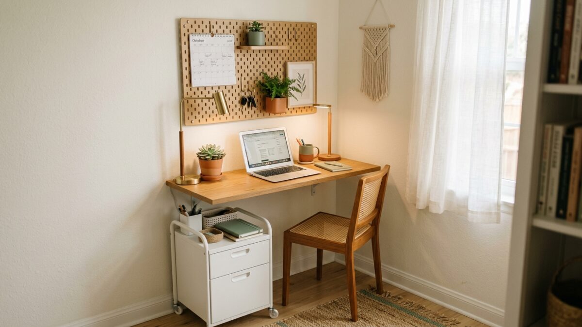 Small space work from home setup with floating desk pegboard and rolling cart