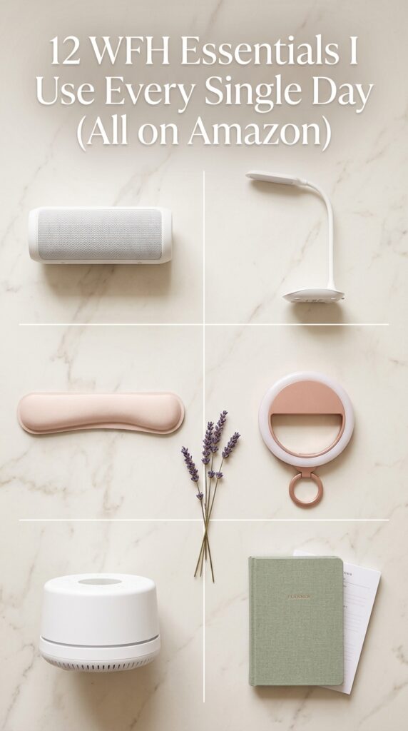 Work from home essentials flat lay with lamp phone stand planner wrist rest and speaker