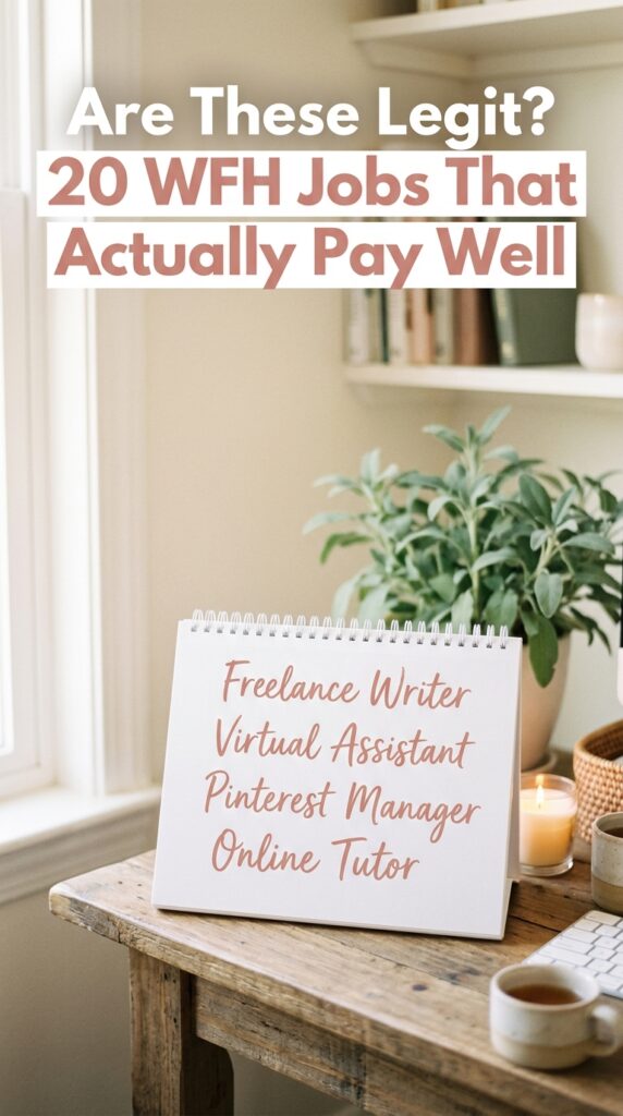 Notepad with work from home job ideas written in handwriting on cozy blurred desk background