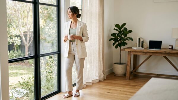 Woman in polished cozy work from home outfit linen blazer and trousers standing by large window