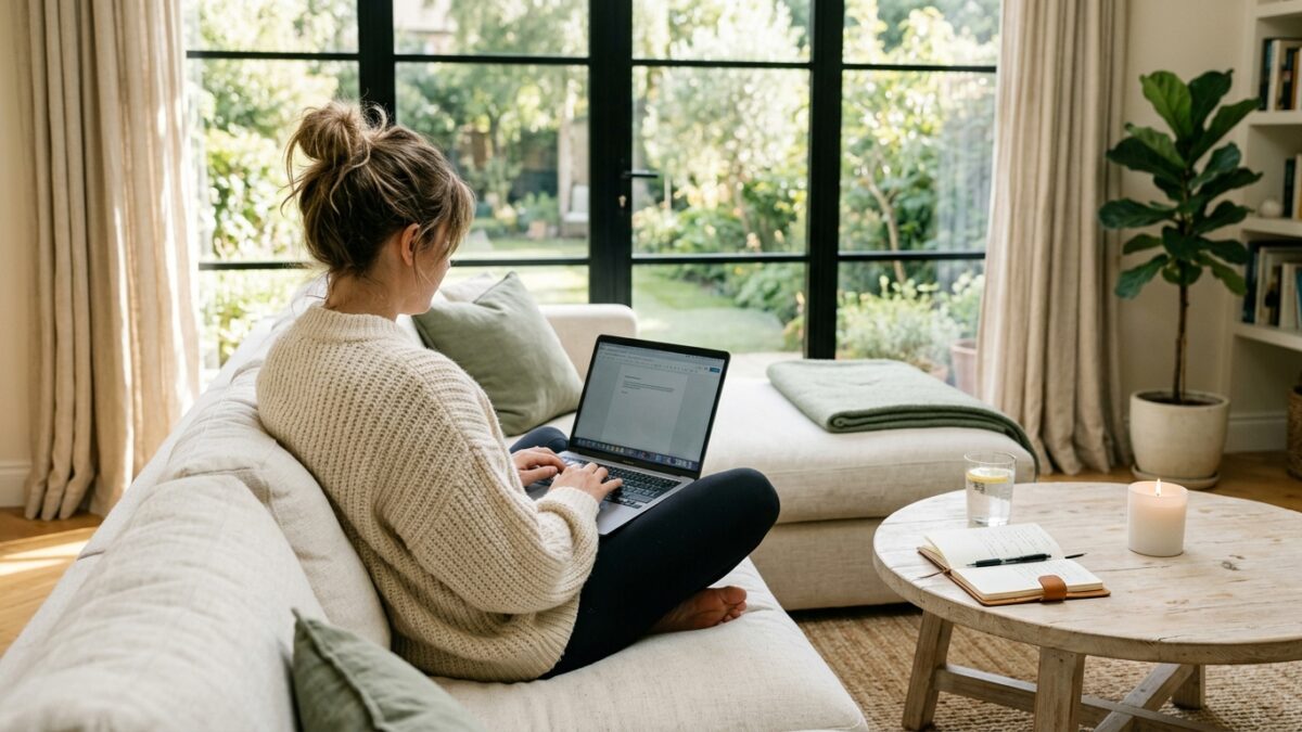 Woman working from home on laptop on cream couch in bright living room with morning light