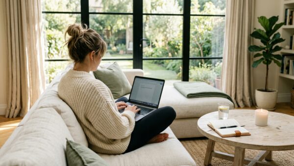 Woman working from home on laptop on cream couch in bright living room with morning light