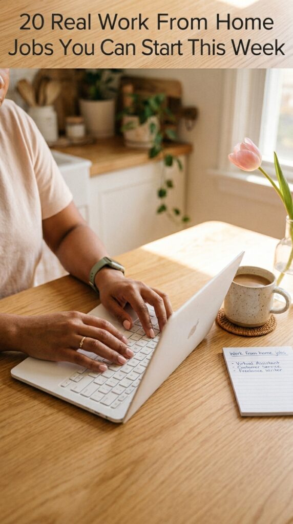 Woman hands typing on laptop with coffee and notepad listing work from home jobs