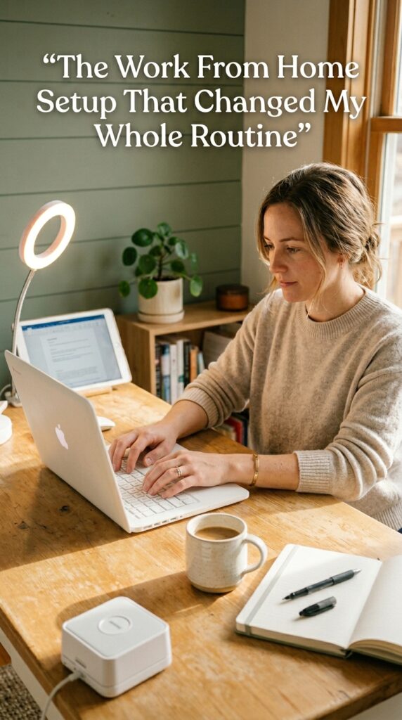 A warm portrait-format lifestyle scene of a real desk setup caught in action. A woman's wrists rest on a blush-pink wrist rest in front of a white laptop, fingers mid-type. To her left a small LED ring light glows on a flexible arm, to her right a ceramic mug steams next to a slim notebook with an uncapped pen. A small white noise machine sits at the desk's edge. Sunlight warming the desk from the right, shallow depth of field blurring a sage-painted shiplap wall behind. Color palette: blush, white, sage, warm amber.

📣 Overlay Headline: “The Work From Home Setup That Changed My Whole Routine”