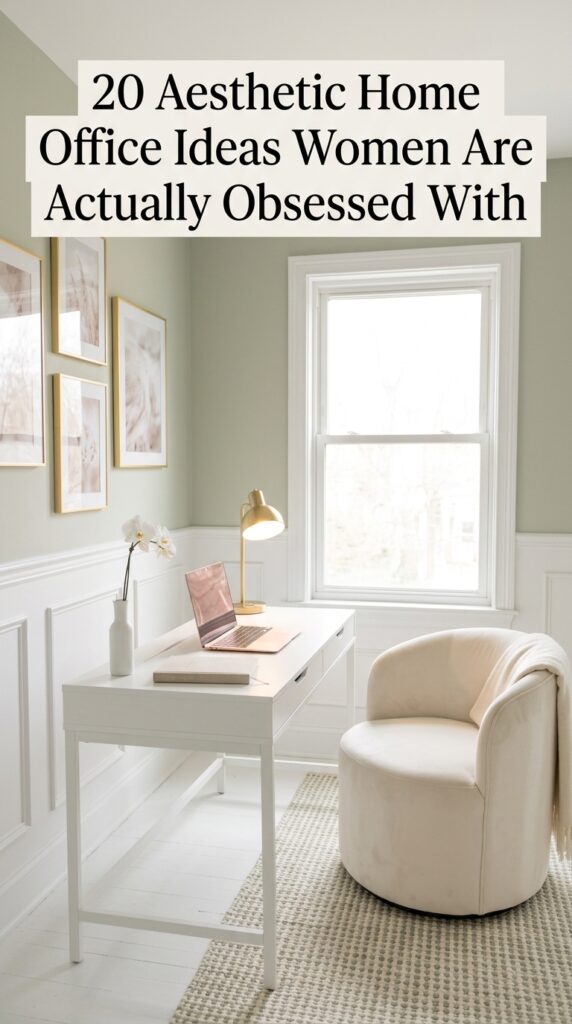 Aesthetic home office with sage walls white desk orchid gallery wall velvet chair and warm lighting
