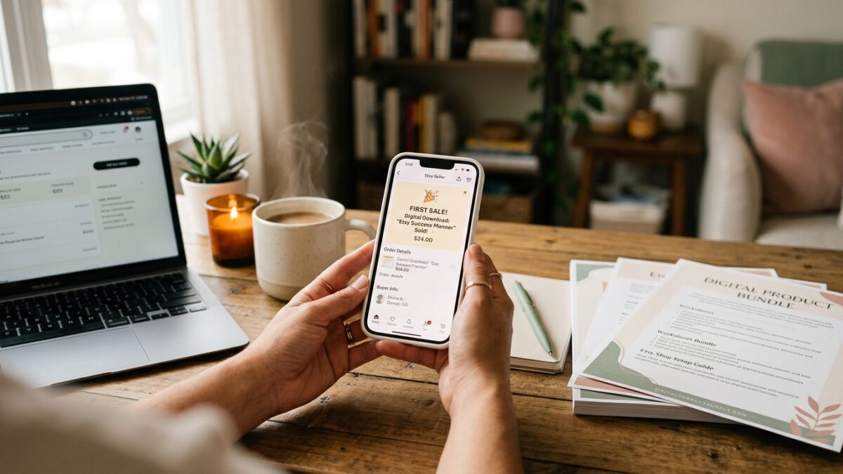 Woman checking Etsy sale notification on phone beside laptop and printed digital products
