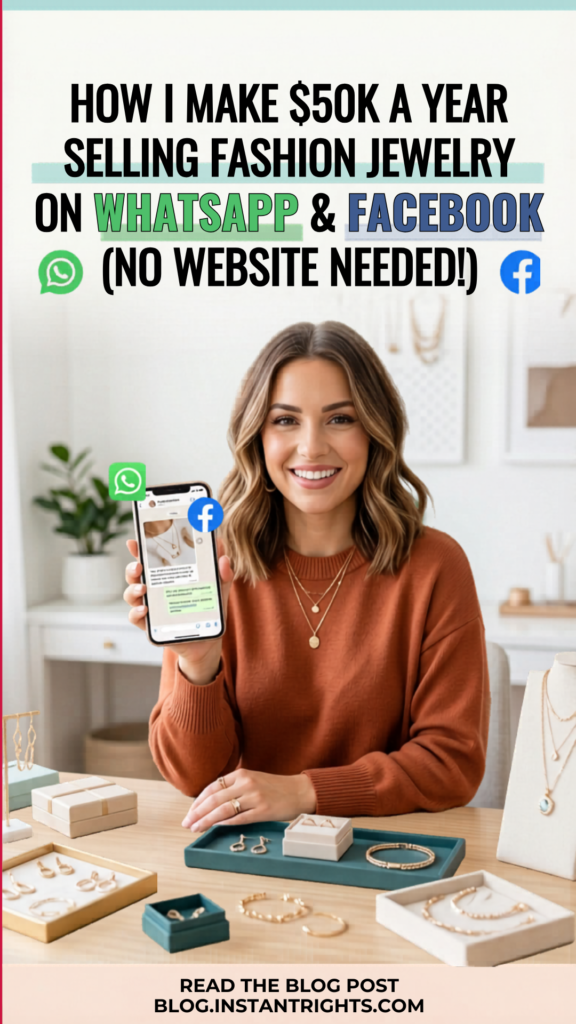 Gold Pinterest pin — I make 50K a year selling jewelry on WhatsApp and Facebook no website required