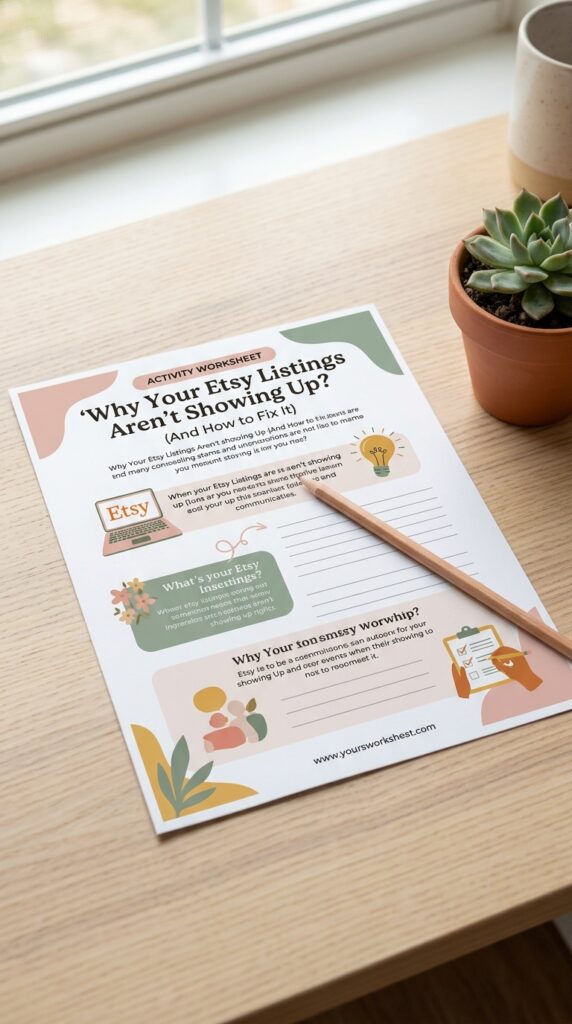  printed digital worksheet product mockup on warm wood desk with pencil and succulent