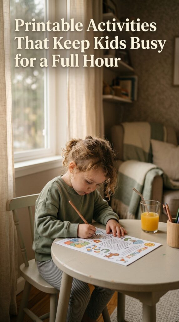 child independently working on a colorful printable activity sheet at a small table