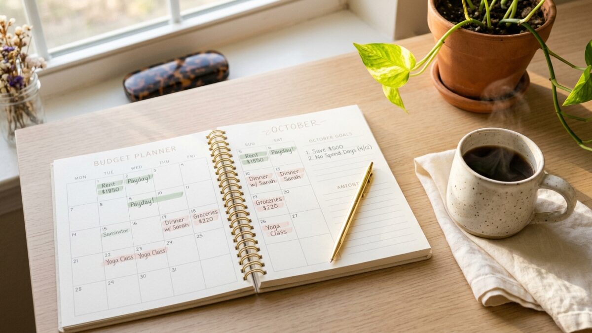 Free printable monthly budget planner template open on a wood desk with gold pen