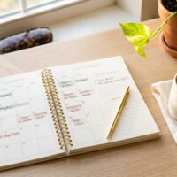 Free printable monthly budget planner template open on a wood desk with gold pen