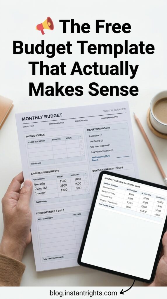 Free printable monthly budget planner template open on a wood desk with gold pen 
