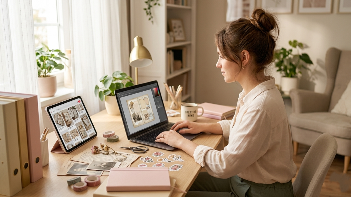 Woman creating junk journal themes on laptop in cozy feminine workspace