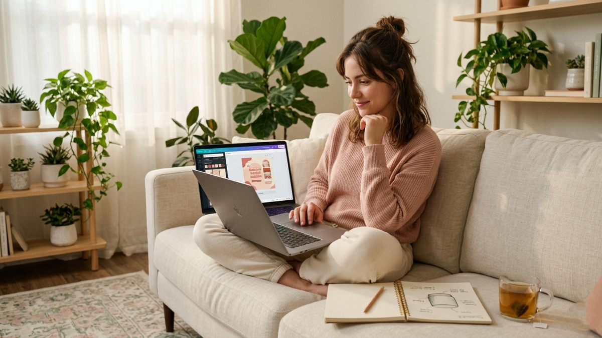woman designing a digital product in Canva on a laptop on a bright cozy sofa