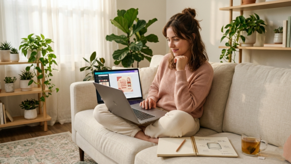 woman designing a digital product in Canva on a laptop on a bright cozy sofa