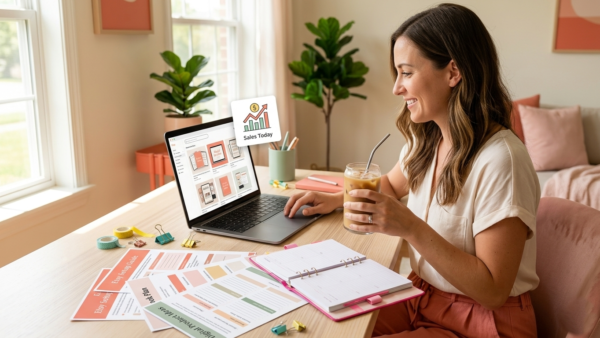 woman working on Etsy digital products at a warm summer home desk with iced coffee