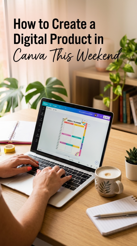 woman's hands editing a colorful planner template in Canva on a laptop