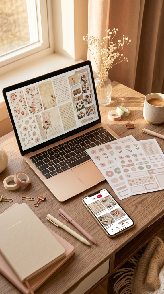 Generated junk journal themes displayed in cozy feminine creative workspace