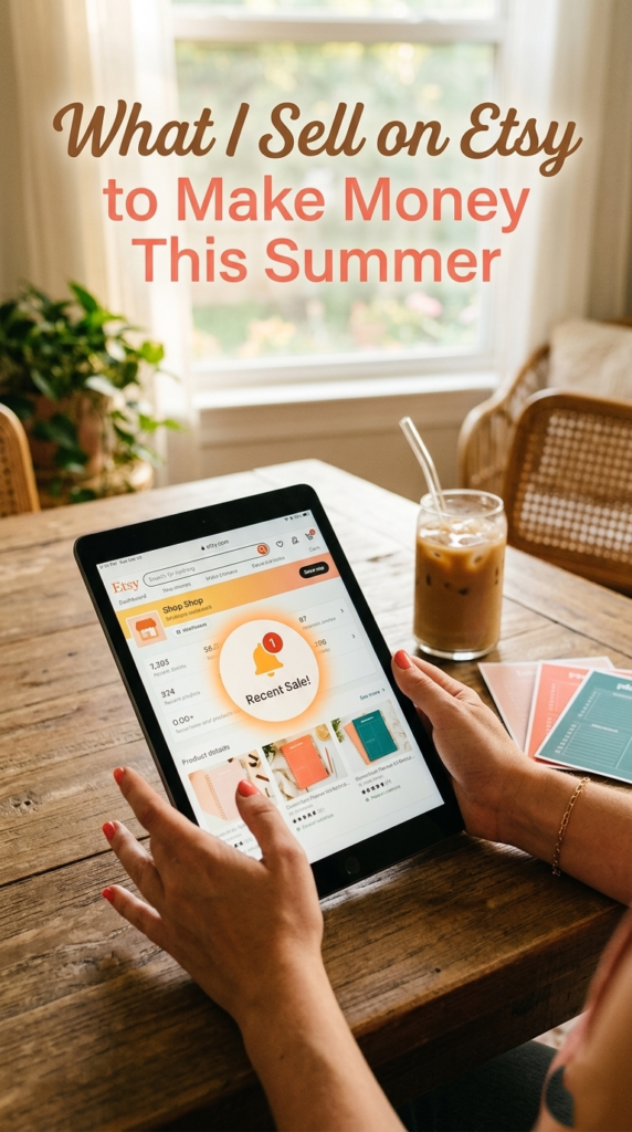 woman checking Etsy shop sales notification on tablet at warm summer desk