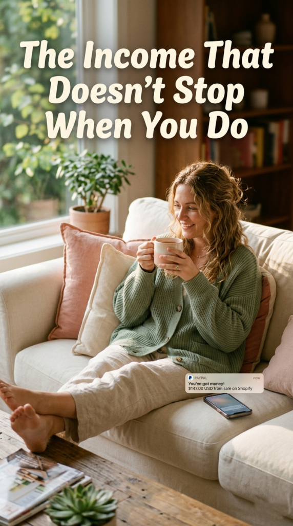 woman relaxing on sofa with phone showing passive income sale notification beside her