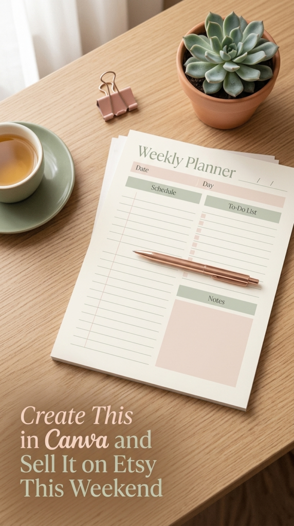 printed planner page from Canva digital product on warm wood desk with pen and tea