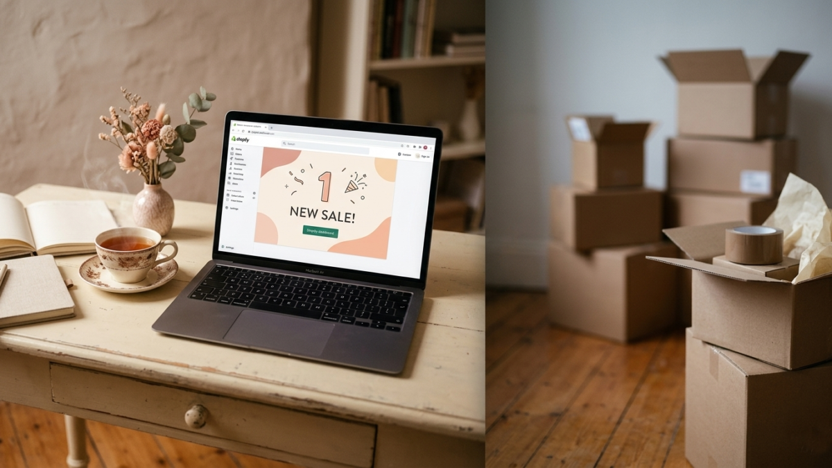 comparison of digital product income on a laptop versus physical product selling setup